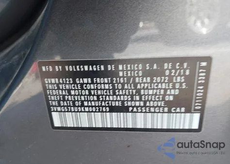 2019 Volkswagen Jetta 1.4T Sel Premium z USA, uszkodzony, nr VIN 3VWG57BU9KM002769